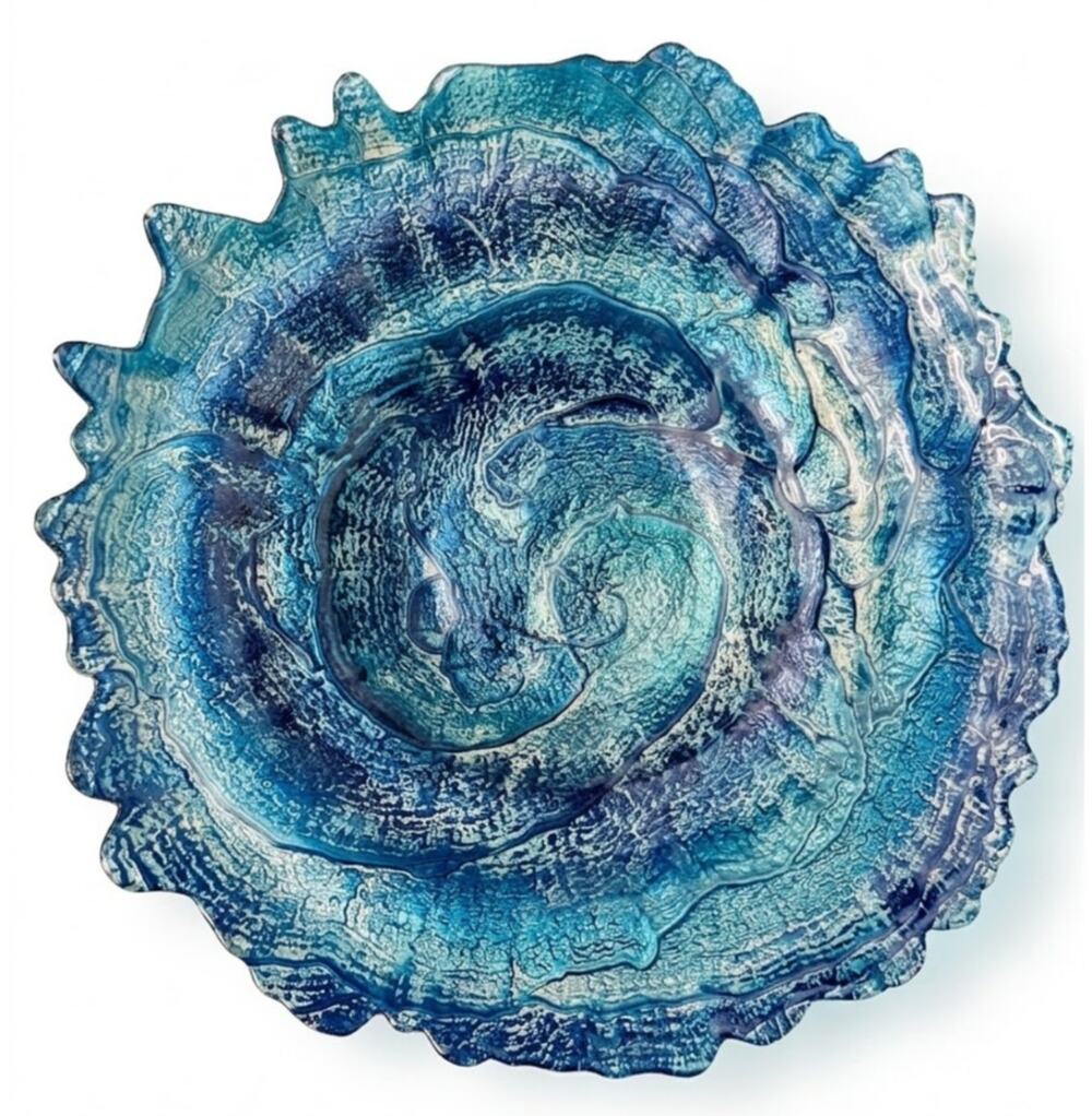 Large 16" Ocean Blue Art Glass Centerpiece Bowl - Swirl Iridescent Textured